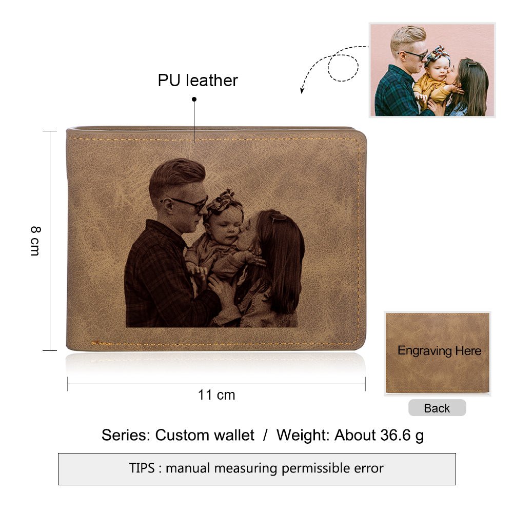 Personalized brown leather photo wallet, 11*8cm, PU leather, 36.6g, perfect Father's Day gift.