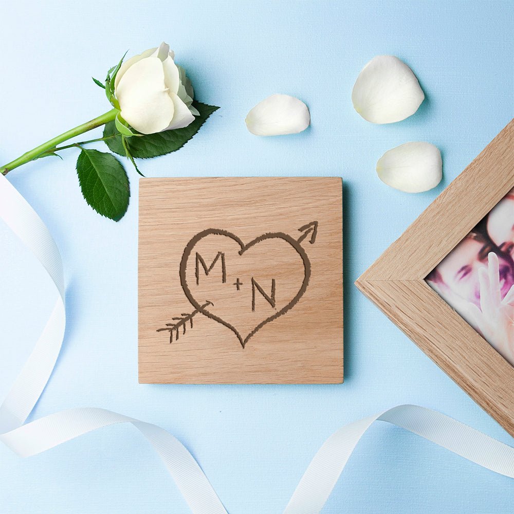Personalised Carved Heart Oak Photo Cube - Engraved Memories