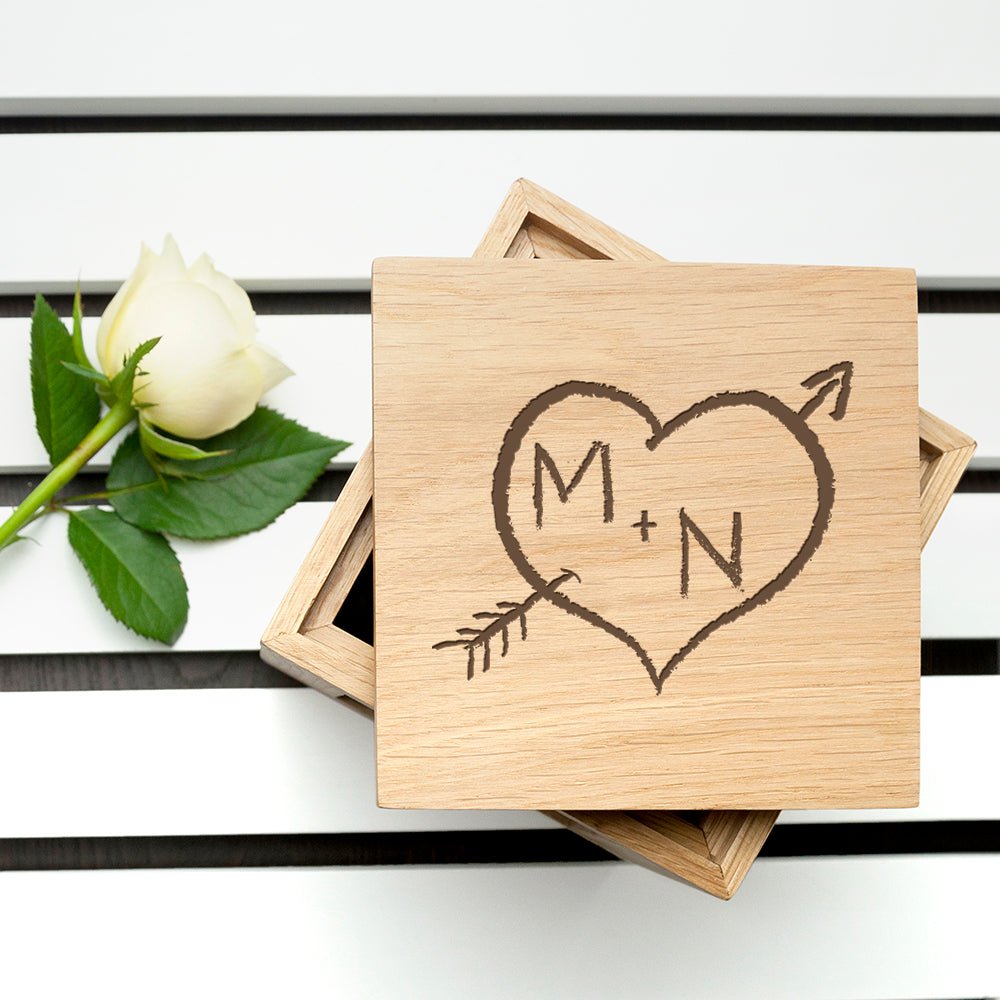 Personalised Carved Heart Oak Photo Cube - Engraved Memories
