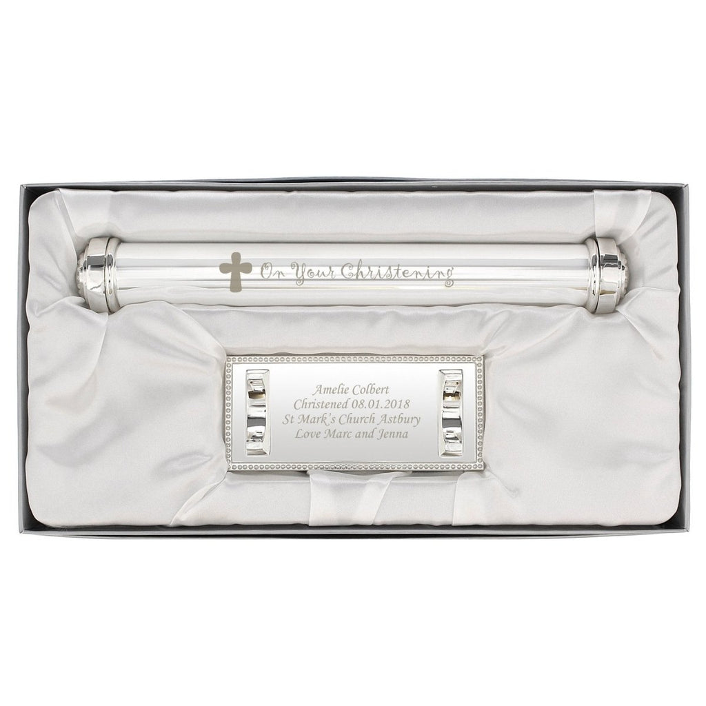 Personalised Christening Cross Silver Plated Certificate Holder - Engraved Memories