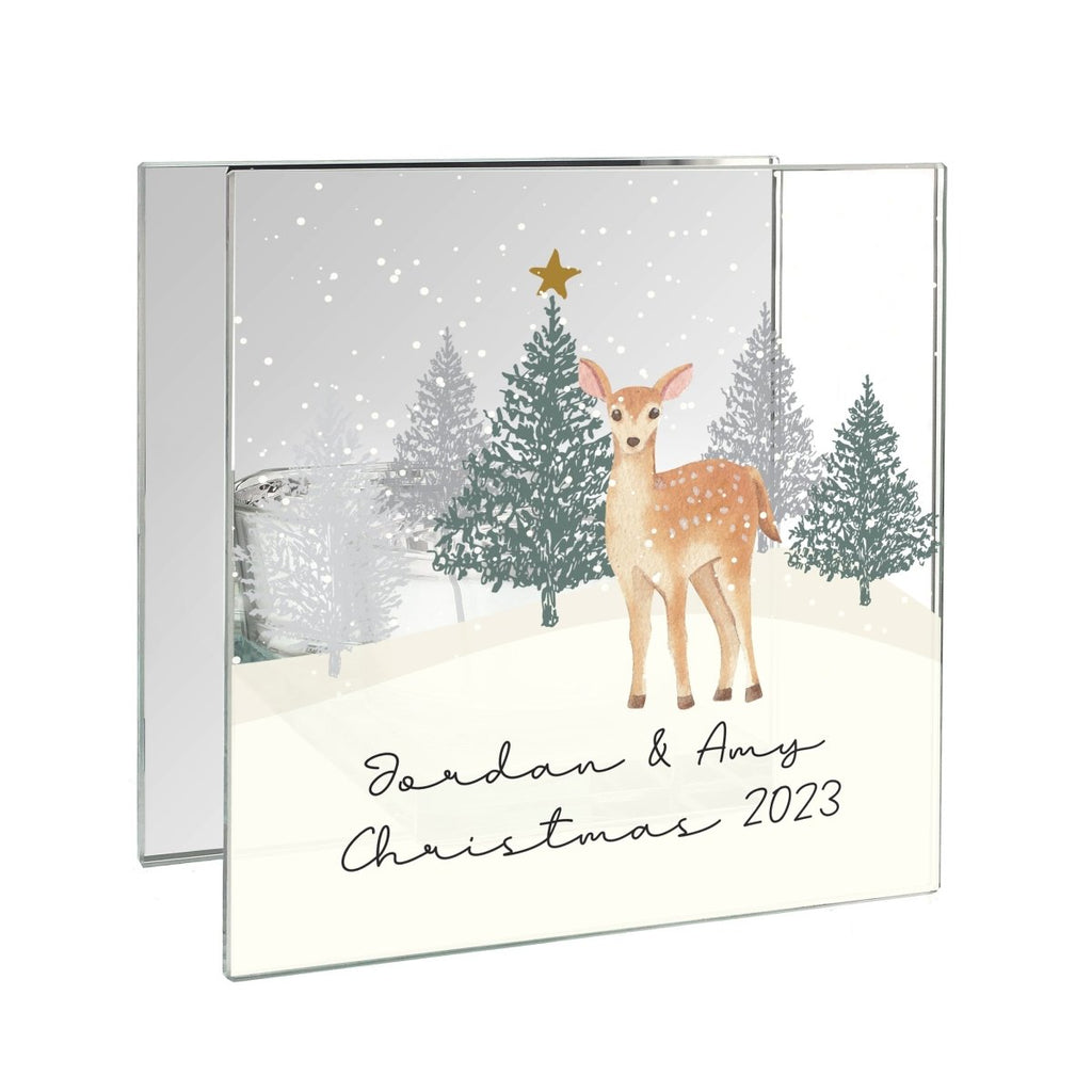 Personalised Christmas Deer Glass Tea Light Candle Holder - Engraved Memories
