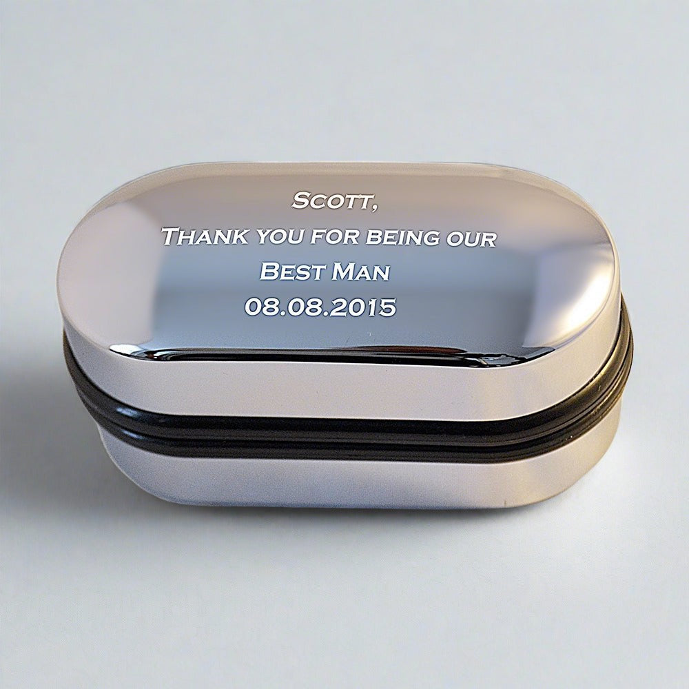 Personalized chrome cufflink case box, engraved with custom text, perfect for wedding, groom or best man gift, 3.0x3.3x7.8cm.