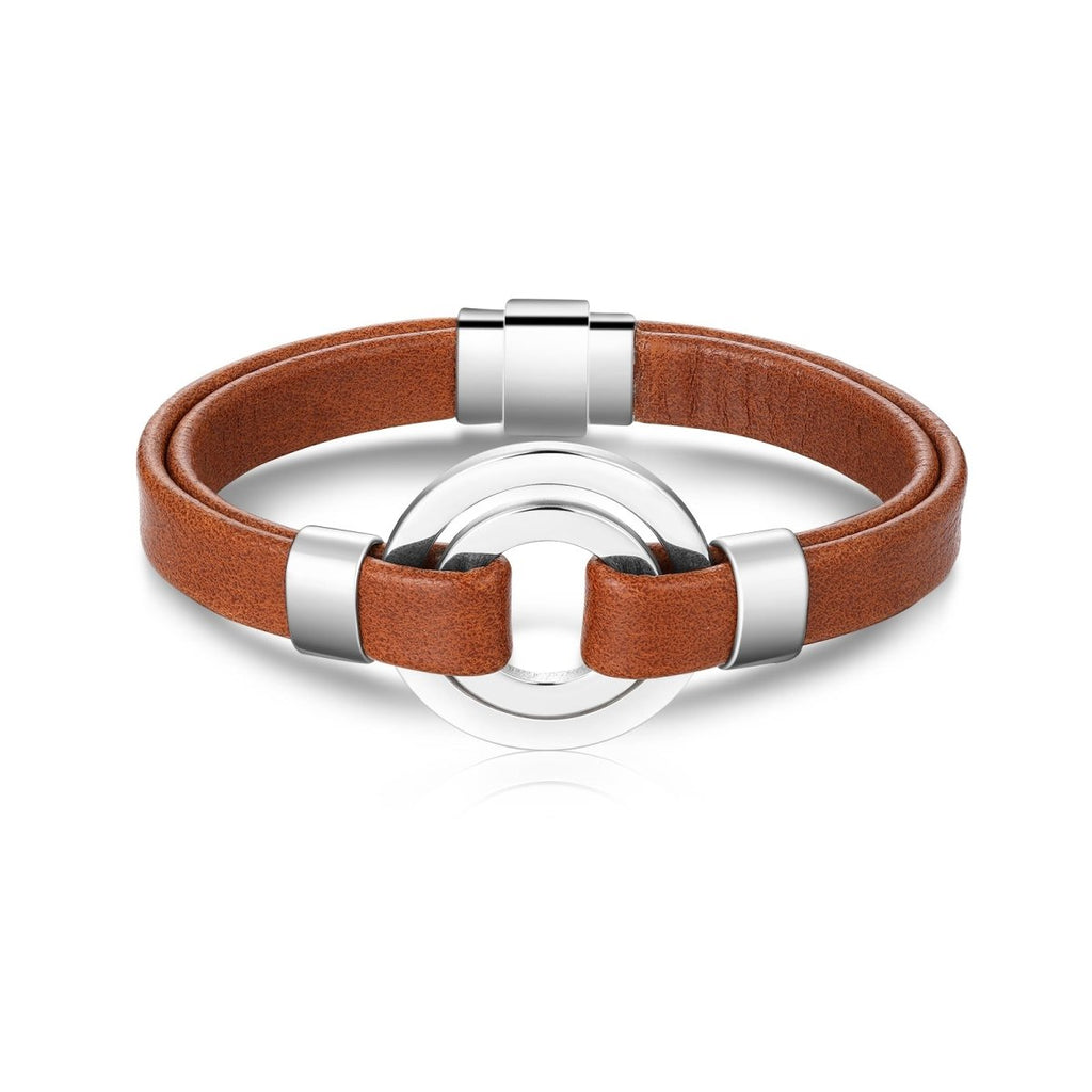 Personalised leather & steel bracelet (19cm) with engraved coordinates & name tags, featuring a magnetic clasp.
