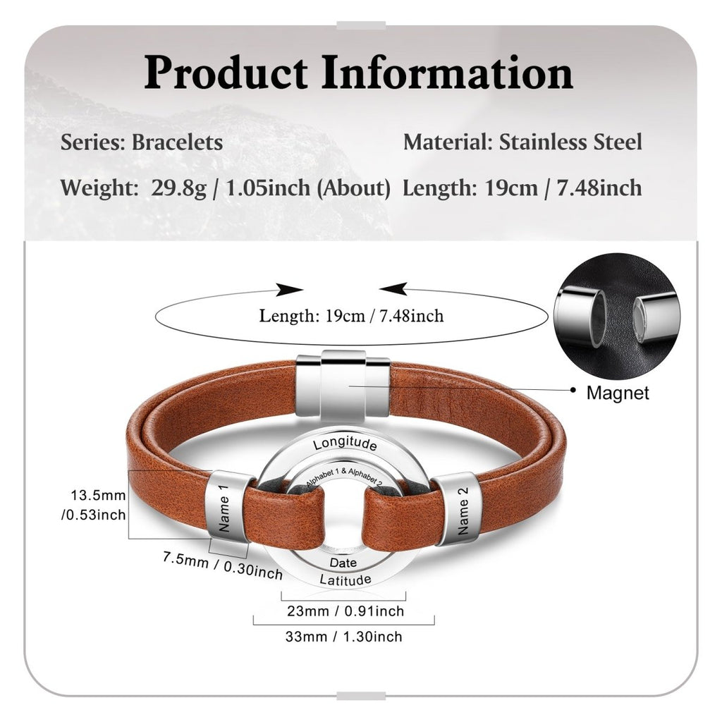 Personalised leather & steel bracelet (19cm) with engraved coordinates & name tags, featuring a magnetic clasp.