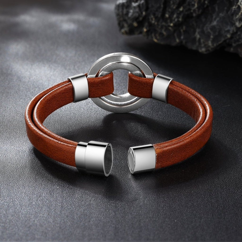 Personalised leather & steel bracelet (19cm) with engraved coordinates & name tags, featuring a magnetic clasp.