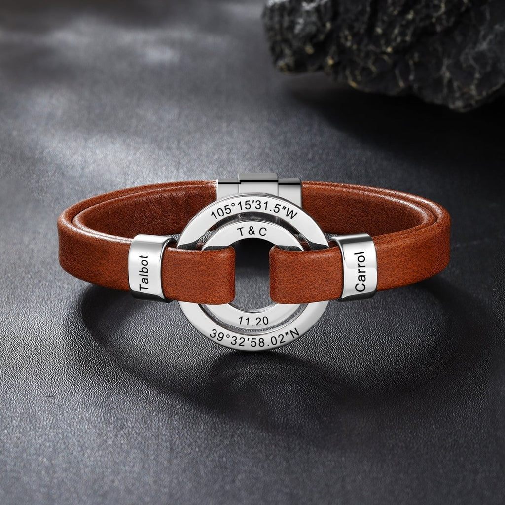 Personalised leather & steel bracelet (19cm) with engraved coordinates & name tags, featuring a magnetic clasp.