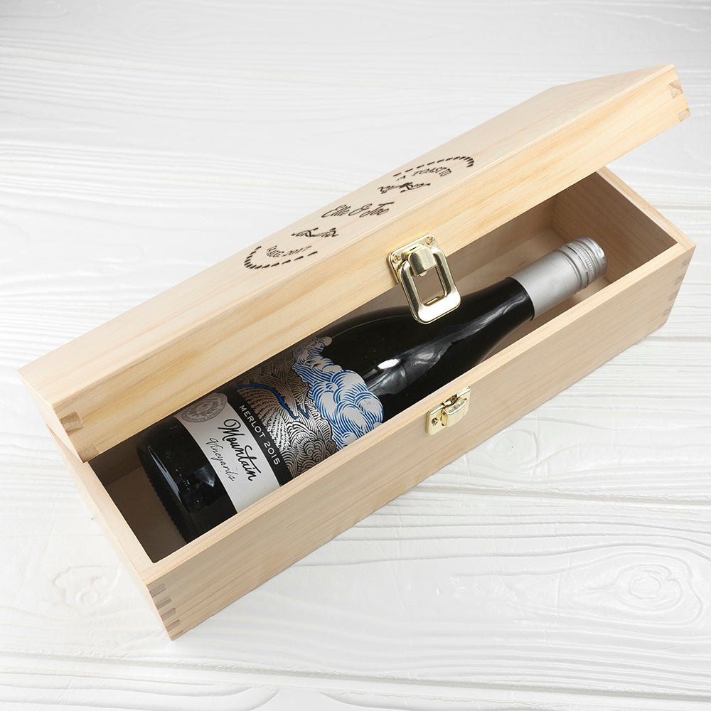 Personalized Couple Name in Heart Frame Wine Box. Laser engraved on pine wood, featuring polished brass hinges. Customizable with names. 