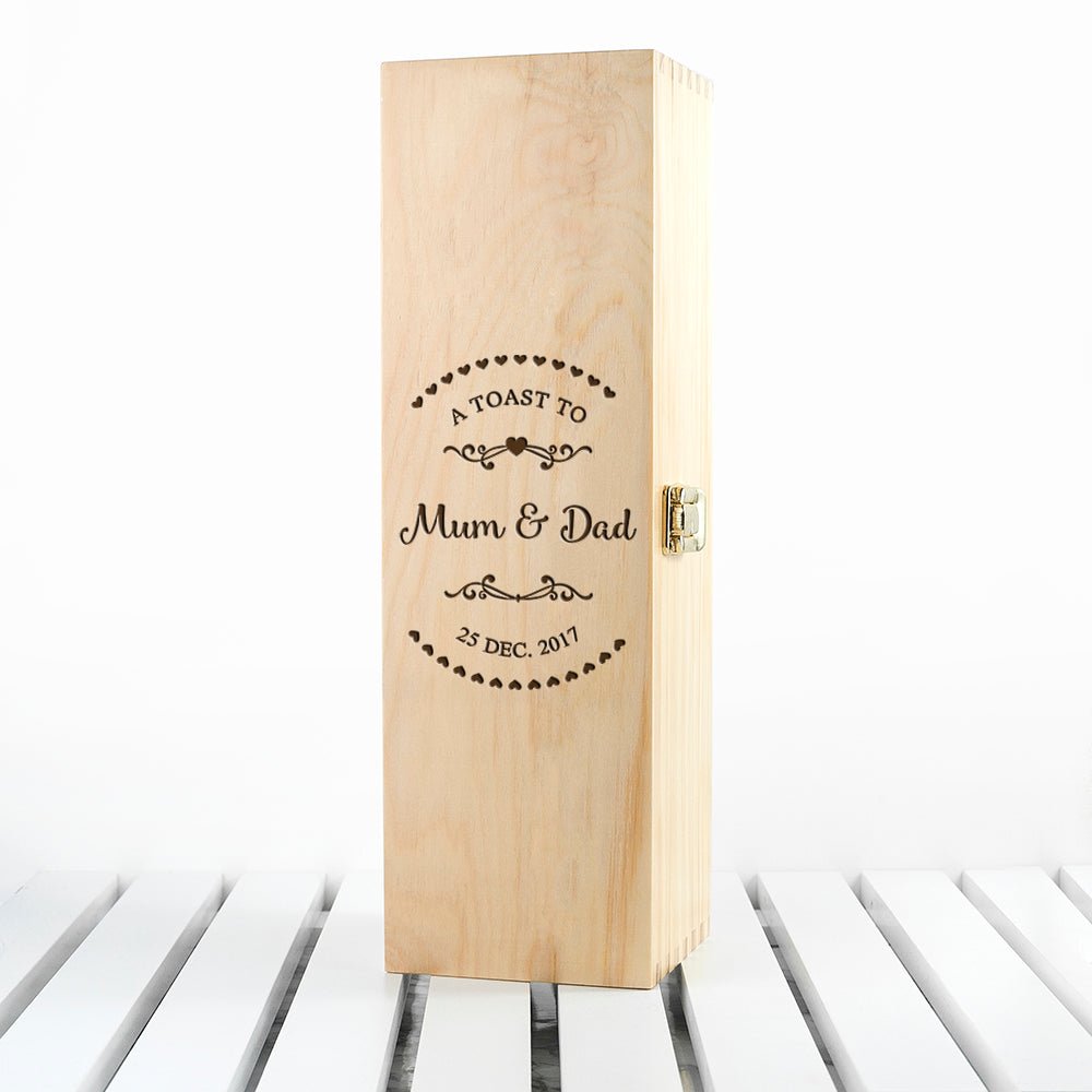 Personalized Couple Name in Heart Frame Wine Box. Laser engraved on pine wood, featuring polished brass hinges. Customizable with names. 