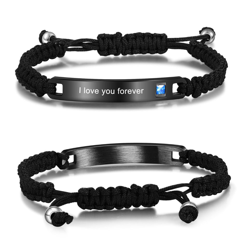 Personalised Couples Bracelet with Zirconia Stones, Valentine's day Gift, Titanium Steel and Leather Adjustable Bracelet - Engraved Memories