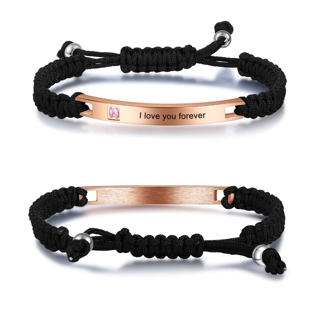 Personalized couples bracelet with zirconia stones, titanium steel, black/rose gold, adjustable, 19.3g.