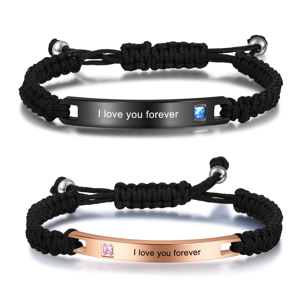 Personalised Couples Bracelet with Zirconia Stones, Valentine's day Gift, Titanium Steel and Leather Adjustable Bracelet - Engraved Memories