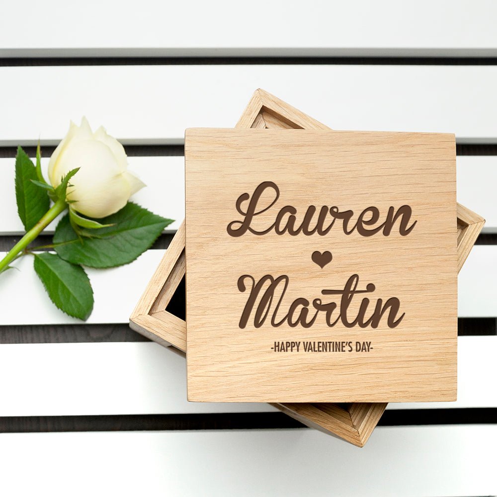 Personalised Couple's Names Oak Photo Cube - Engraved Memories