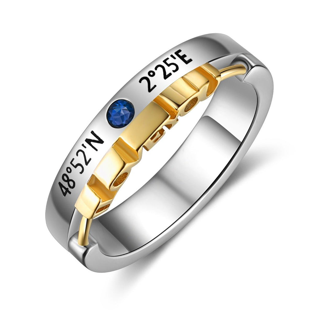 Personalized couples rings with birthstones, names, dates, or coordinates, perfect for Valentine's Day or anniversaries, adjustable sizes.