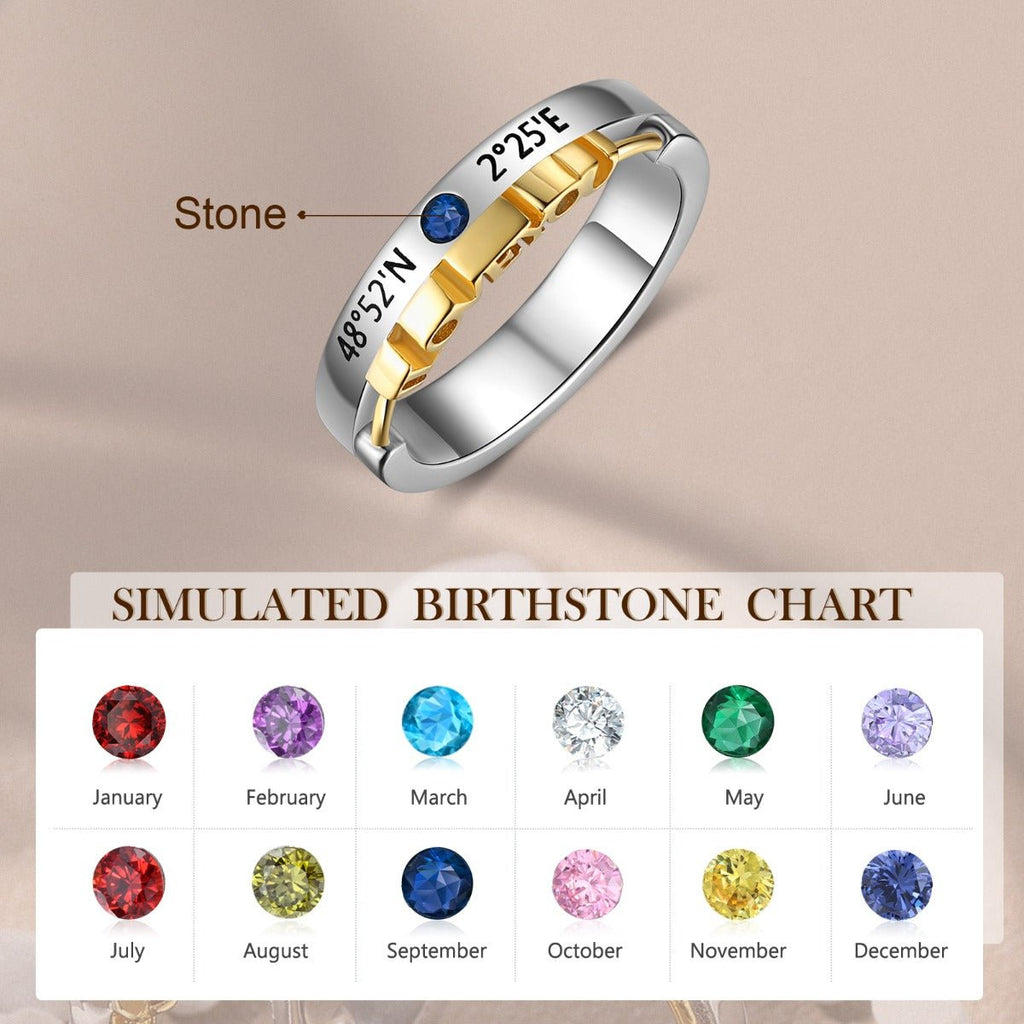 Personalized couples rings with birthstones, names, dates, or coordinates, perfect for Valentine's Day or anniversaries, adjustable sizes.
