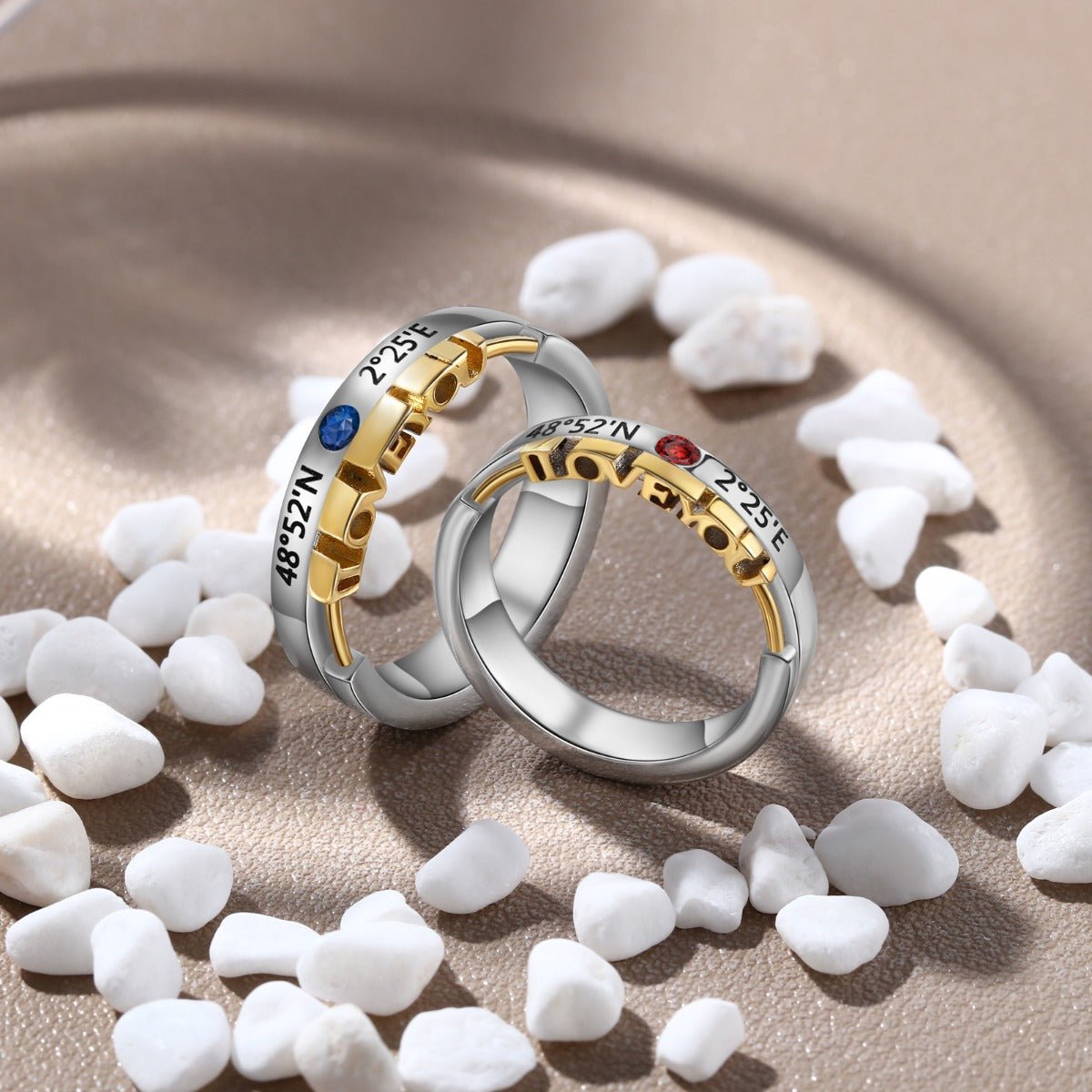 Personalized Matching Promise Rings For Couples - Black Kite Cut Blue Sandstone Engraved His & Her Rings