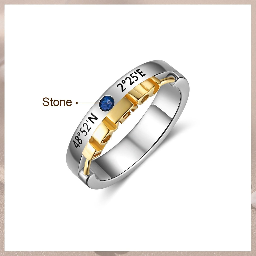 Personalized couples rings with birthstones, names, dates, or coordinates, perfect for Valentine's Day or anniversaries, adjustable sizes.