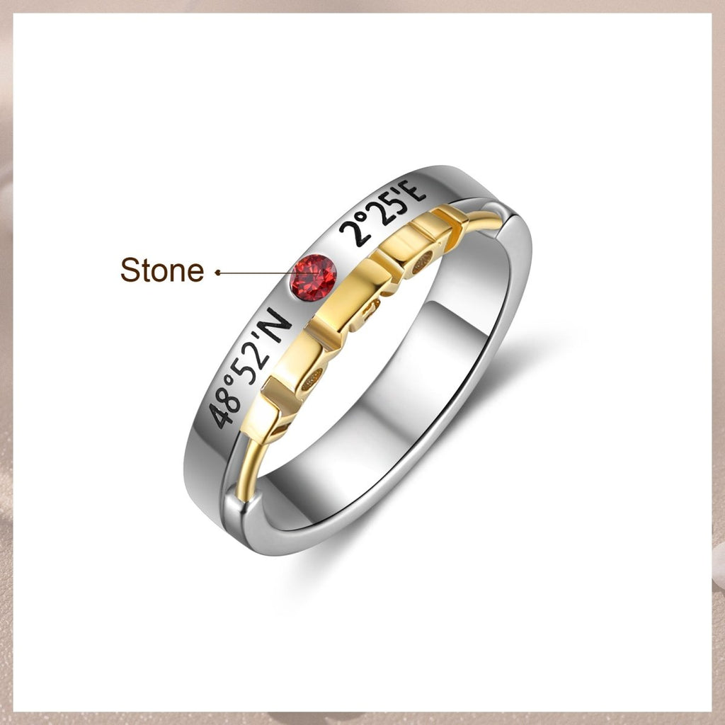 Personalized couples rings with birthstones, names, dates, or coordinates, perfect for Valentine's Day or anniversaries, adjustable sizes.