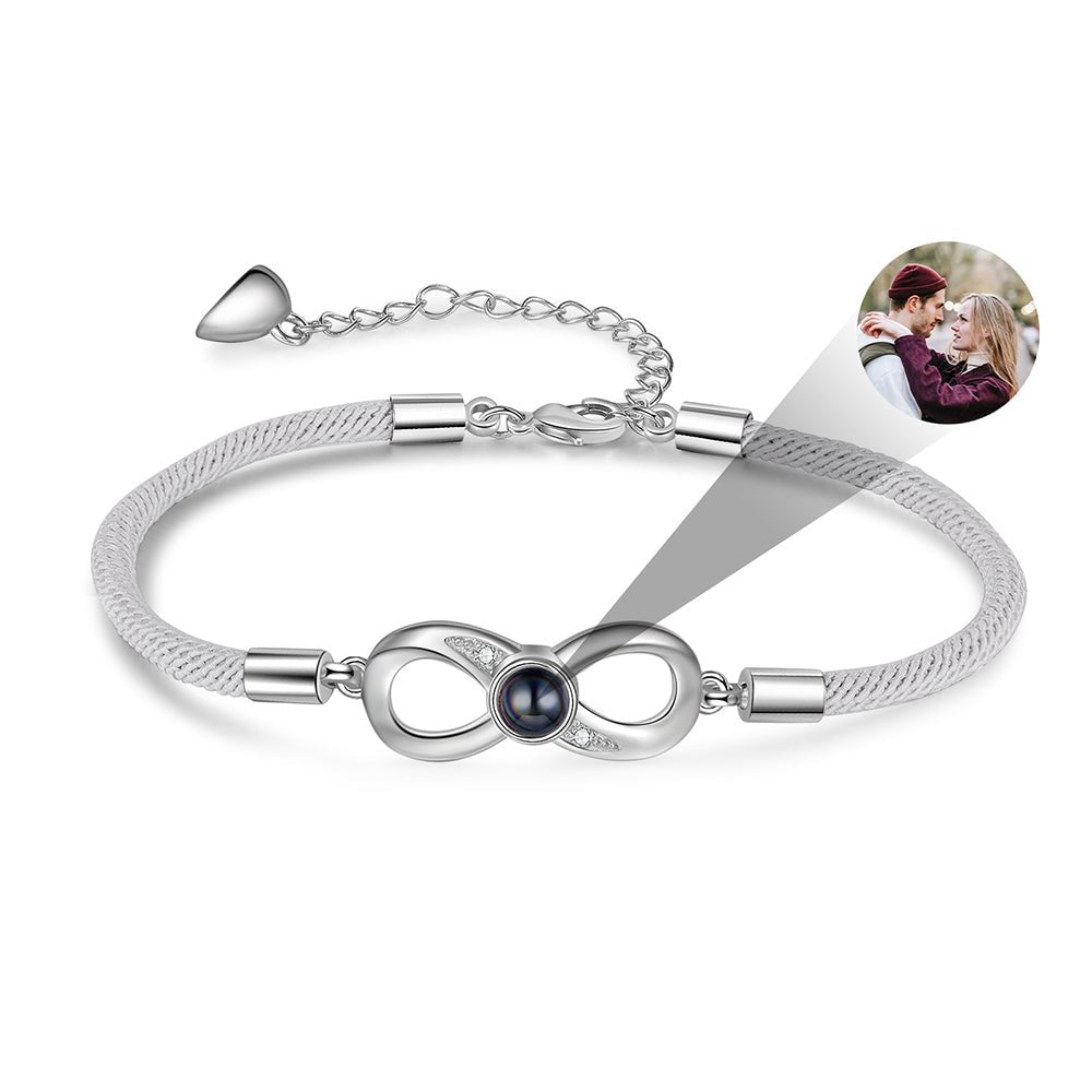 Personalised infinity charm bracelet (20+5cm) with photo projection— a unique way to showcase your love.