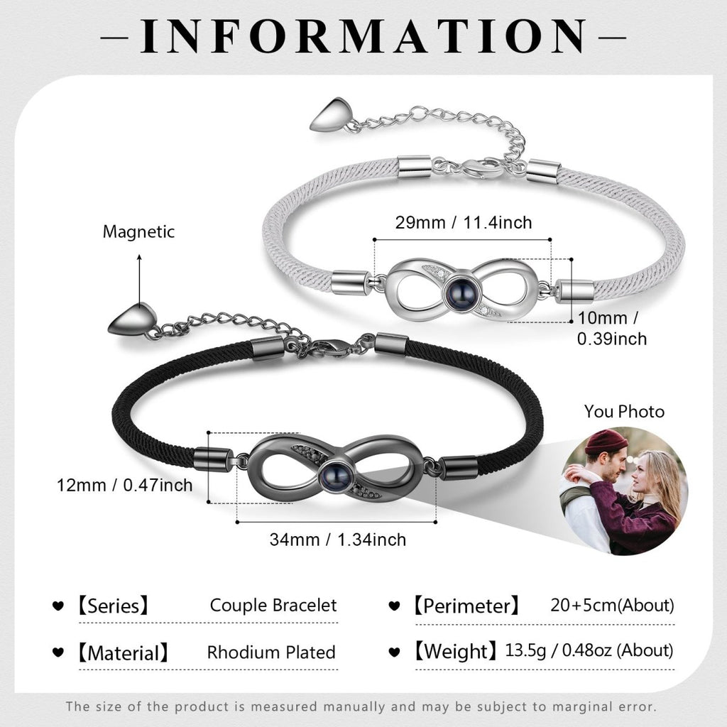 Personalised infinity charm bracelet (20+5cm) with photo projection— a unique way to showcase your love.