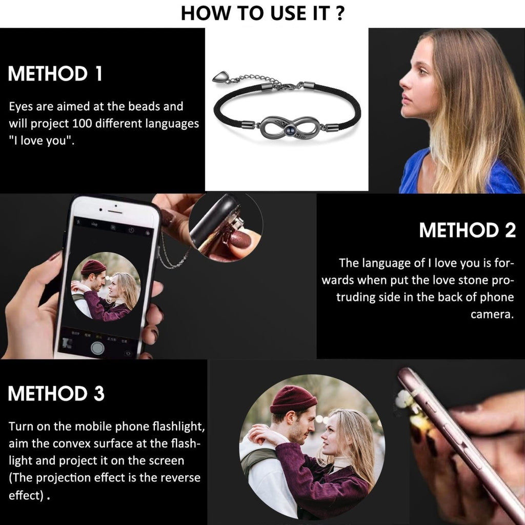 Personalised infinity charm bracelet (20+5cm) with photo projection— a unique way to showcase your love.