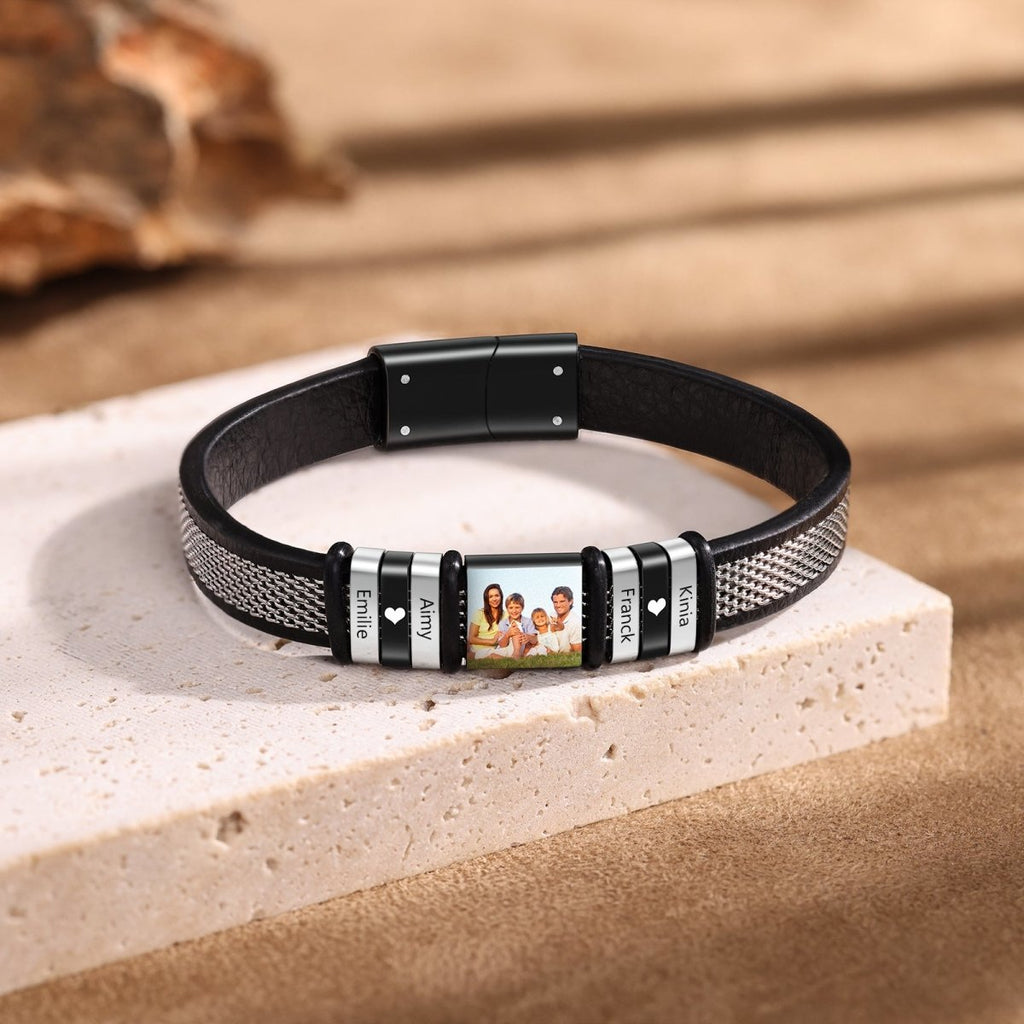 Personalised Custom Leather Men's Bracelet with Photo - A Meaningful Keepsake for Him - Engraved Memories