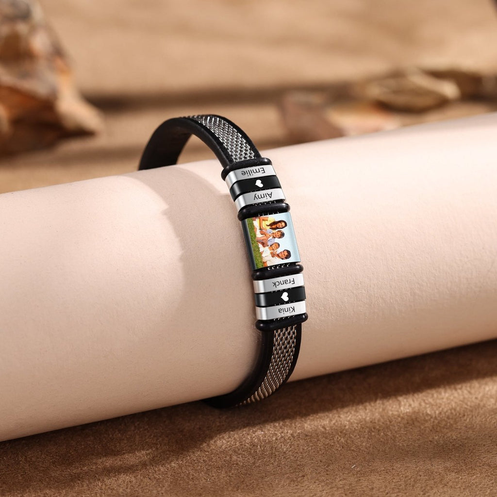 Personalised Custom Leather Men's Bracelet with Photo - A Meaningful Keepsake for Him - Engraved Memories
