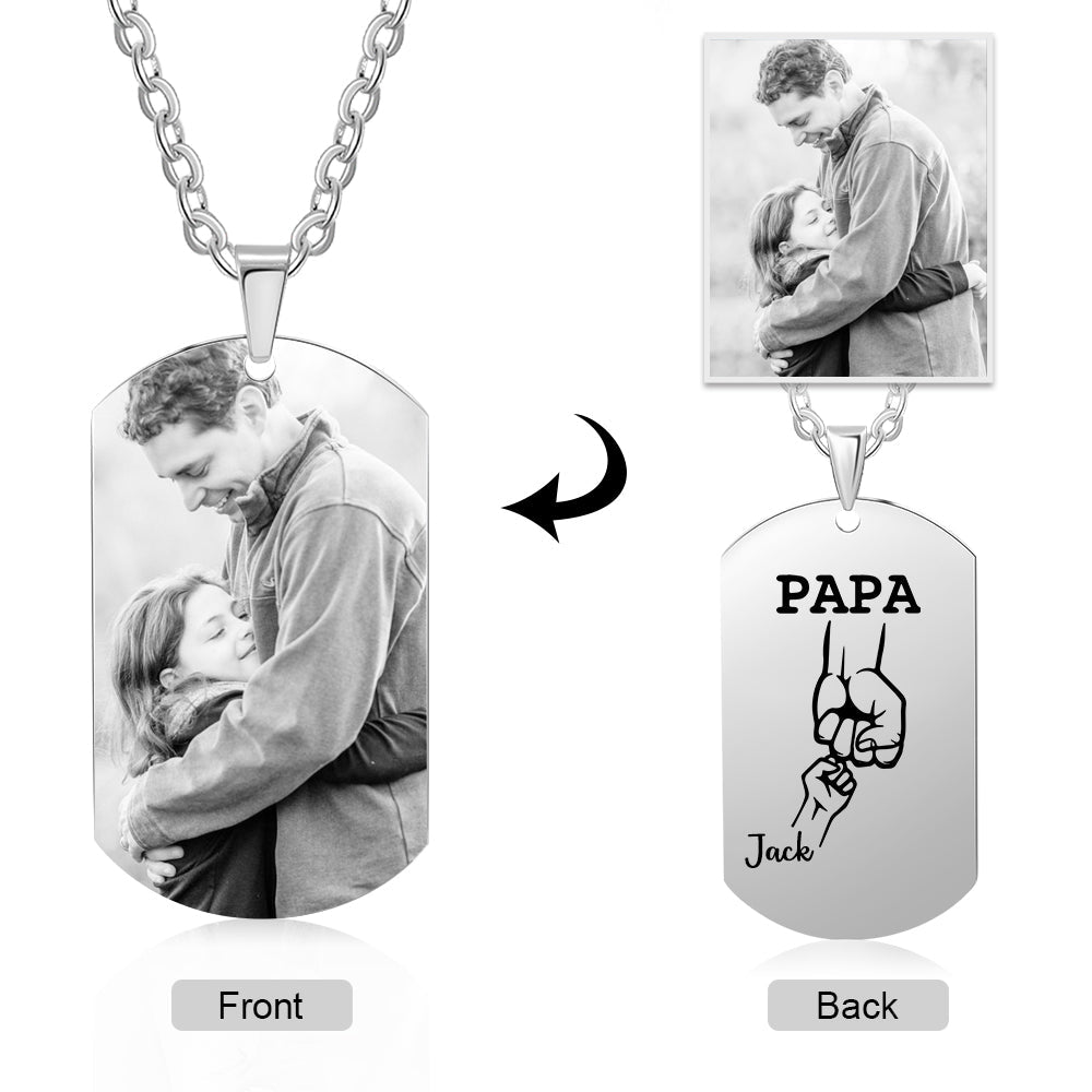 Personalised Custom Photo Engraved Stainless Steel Dog Tag Necklace - A Special Gift for Papa, Dad, or Any Father Figure - Engraved Memories