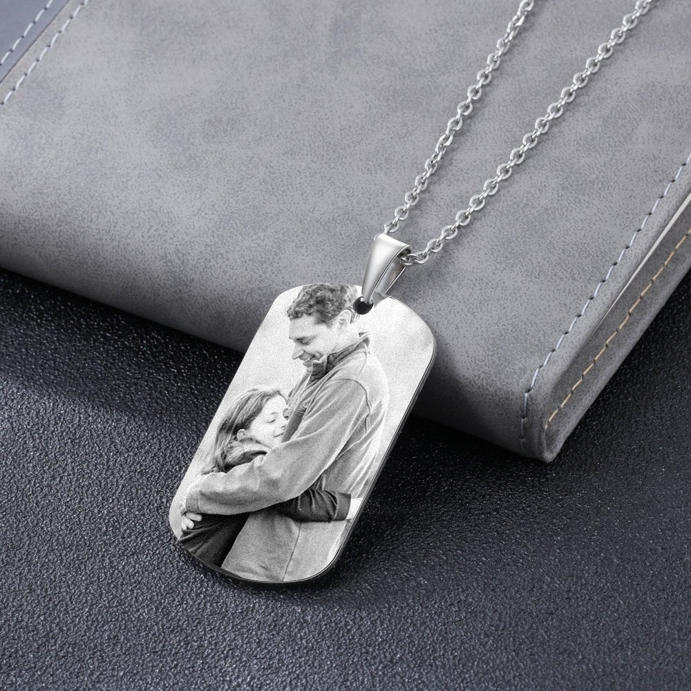 Personalised Custom Photo Engraved Stainless Steel Dog Tag Necklace - A Special Gift for Papa, Dad, or Any Father Figure - Engraved Memories