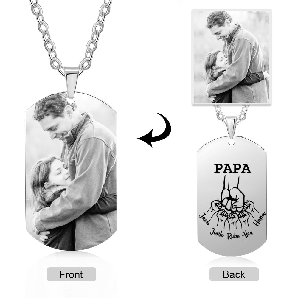 Personalised Custom Photo Engraved Stainless Steel Dog Tag Necklace - A Special Gift for Papa, Dad, or Any Father Figure - Engraved Memories