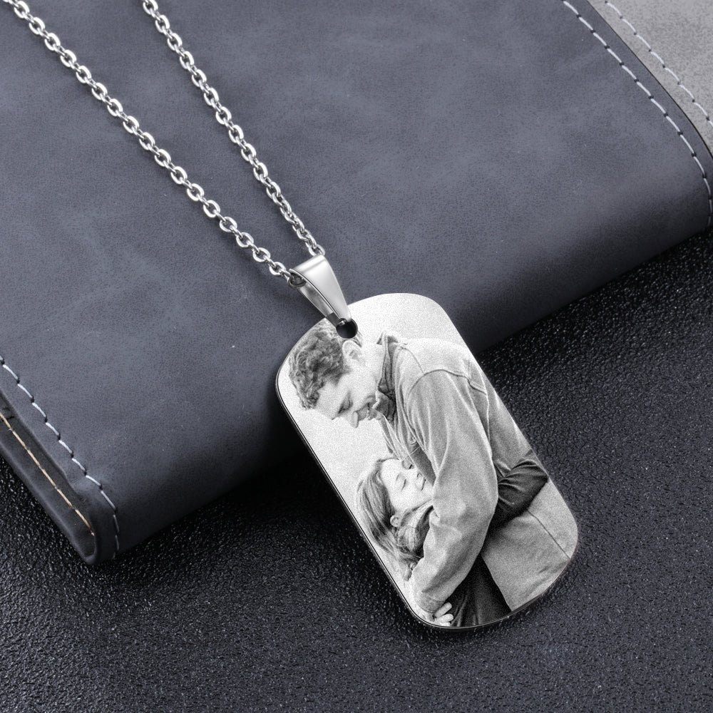 Personalised Custom Photo Engraved Stainless Steel Dog Tag Necklace - A Special Gift for Papa, Dad, or Any Father Figure - Engraved Memories