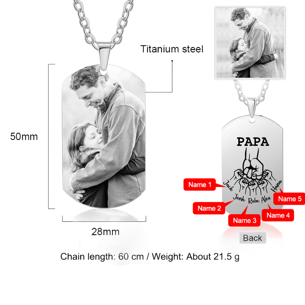 Personalised Custom Photo Engraved Stainless Steel Dog Tag Necklace - A Special Gift for Papa, Dad, or Any Father Figure - Engraved Memories