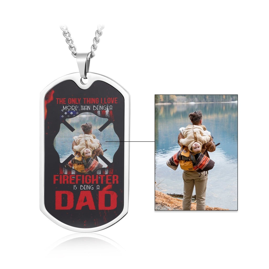 Personalised Custom Photo Stainless Steel Firefighter Father Dog Tag Necklace - A Tribute to Heroic Dads - Engraved Memories