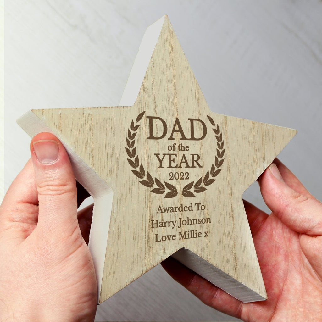 Personalised Dad of the Year Rustic Wooden Star Decoration, Father's day Gift for Men - Engraved Memories