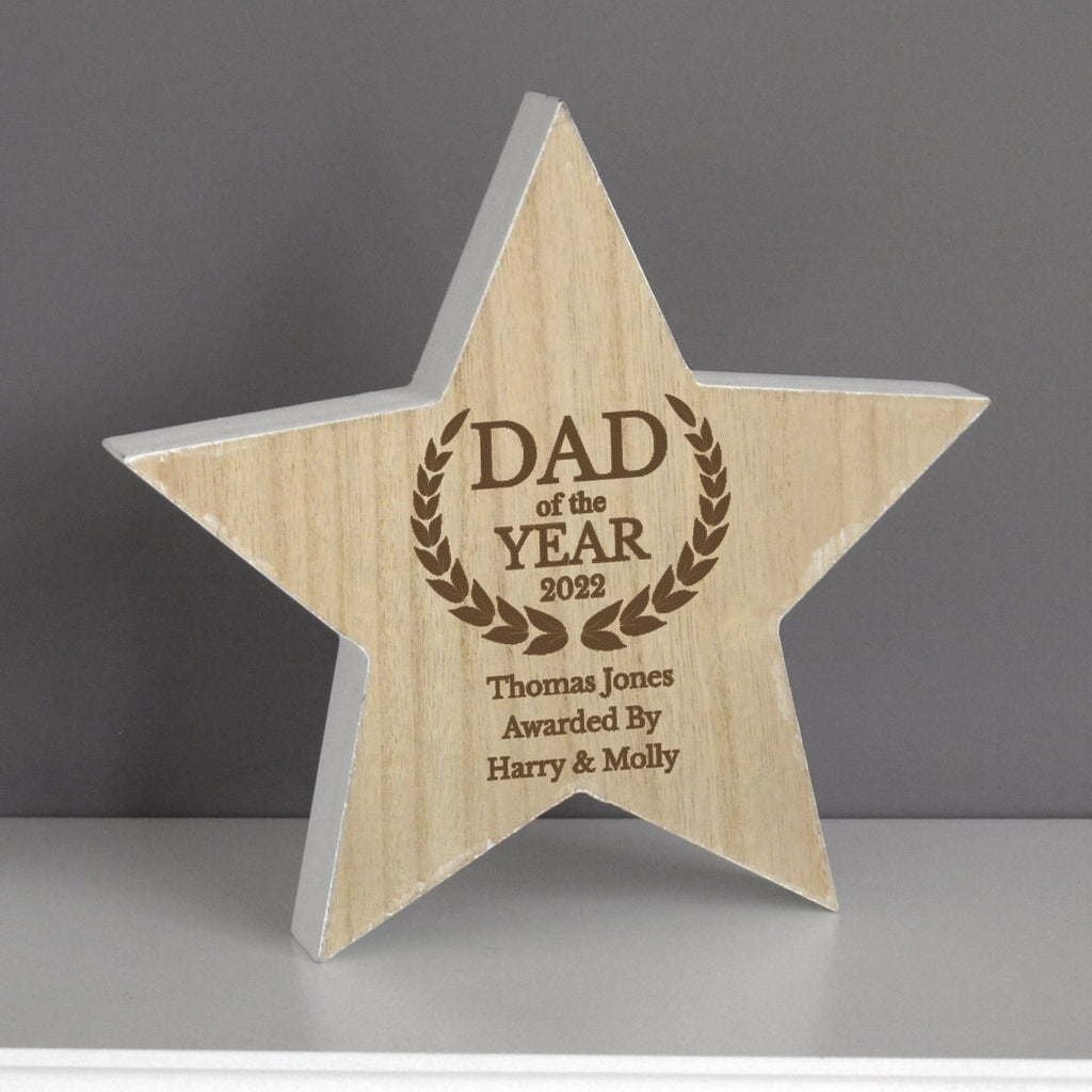 Personalised Dad of the Year Rustic Wooden Star Decoration, Father's day Gift for Men - Engraved Memories
