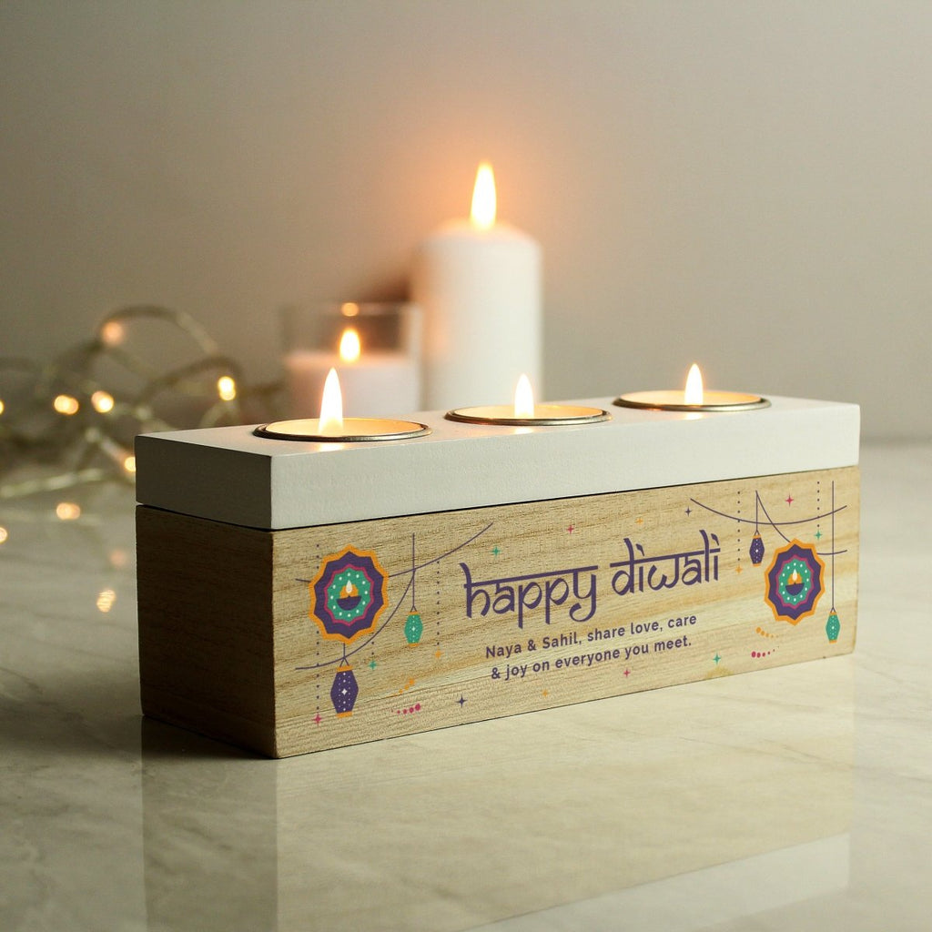 Personalised Diwali Triple Tealight Box - Engraved Memories