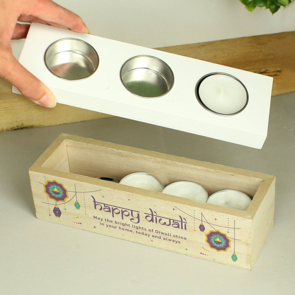 Personalised Diwali Triple Tealight Box - Engraved Memories