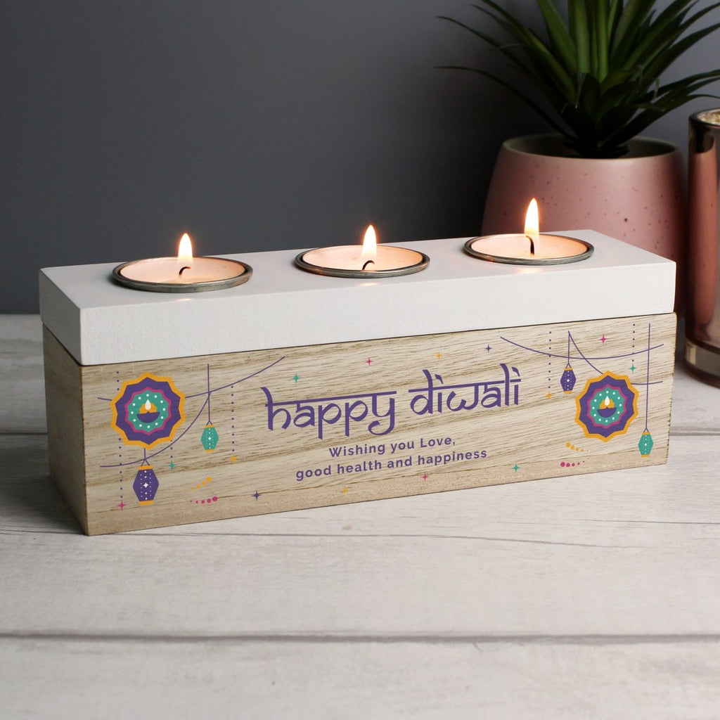 Personalised Diwali Triple Tealight Box - Engraved Memories