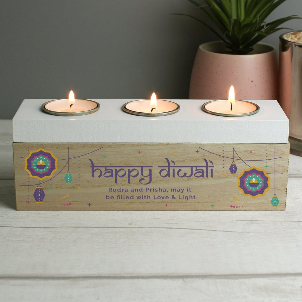 Personalised Diwali Triple Tealight Box - Engraved Memories