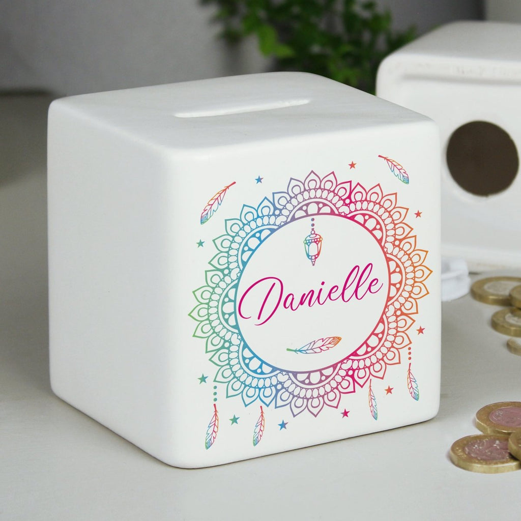 Personalised Dreamcatcher Ceramic Square Money Box - Engraved Memories