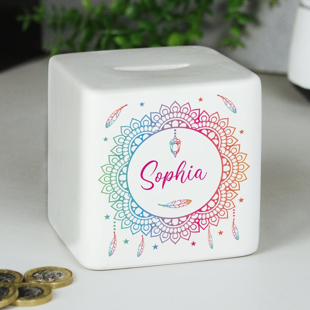 Personalised Dreamcatcher Ceramic Square Money Box - Engraved Memories