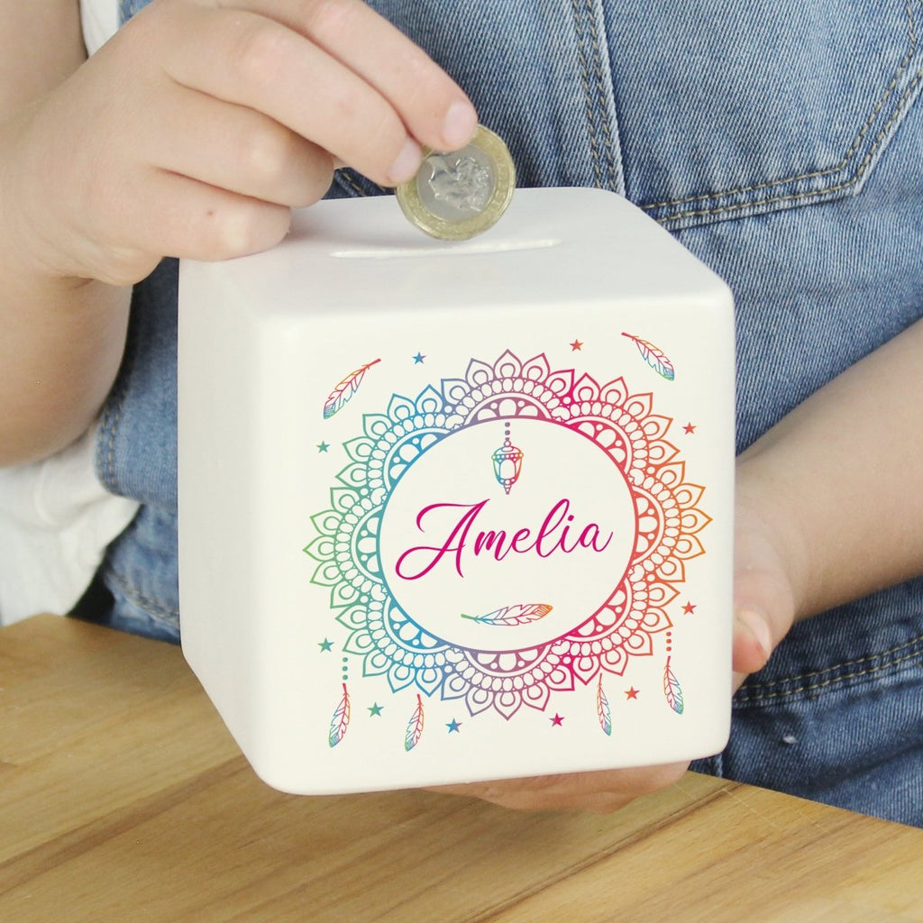 Personalised Dreamcatcher Ceramic Square Money Box - Engraved Memories