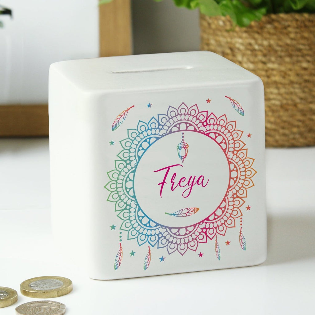 Personalised Dreamcatcher Ceramic Square Money Box - Engraved Memories