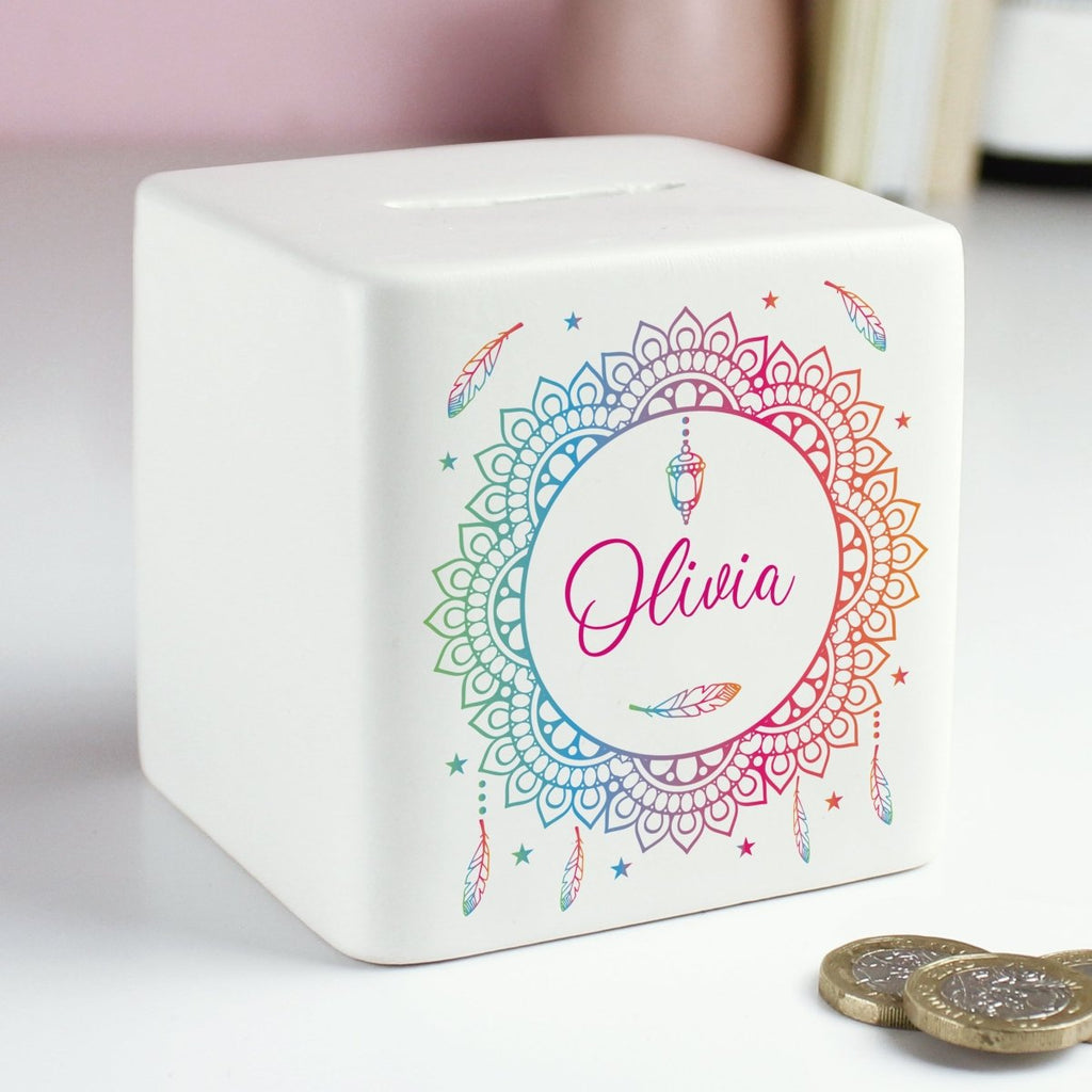 Personalised Dreamcatcher Ceramic Square Money Box - Engraved Memories