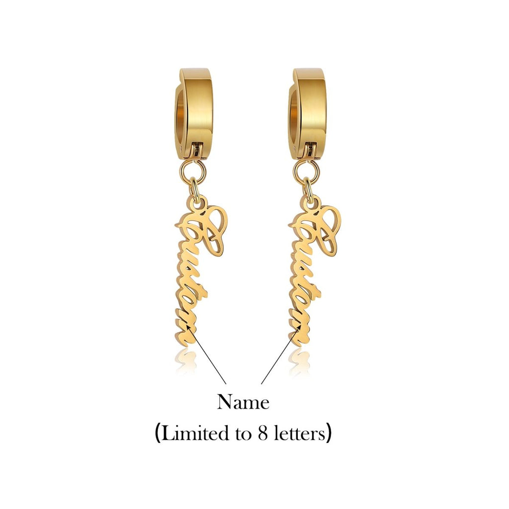 Personalized custom name earrings, gold plated stainless steel, 1322.58mm, 6.6g.