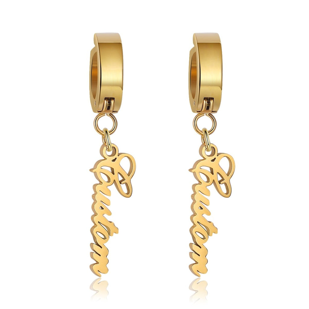 Personalized custom name earrings, gold plated stainless steel, 1322.58mm, 6.6g.