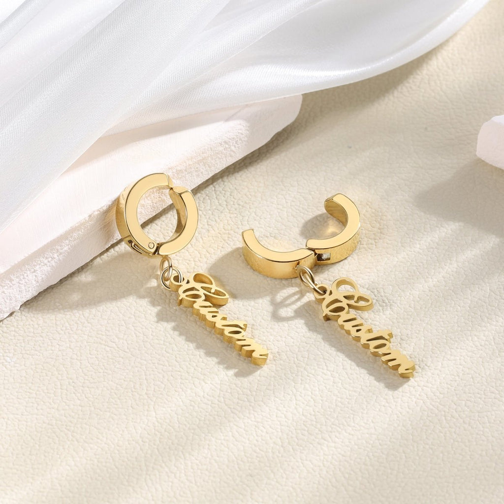 Personalized custom name earrings, gold plated stainless steel, 1322.58mm, 6.6g.