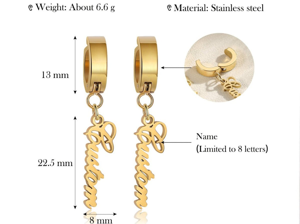 Personalized custom name earrings, gold plated stainless steel, 1322.58mm, 6.6g.