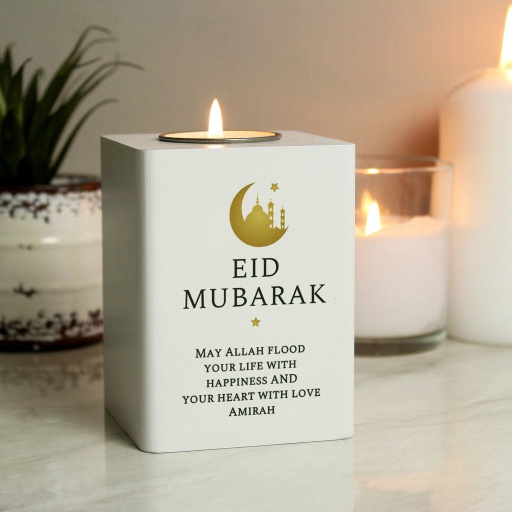 Personalised Eid and Ramadan White Wooden Tea light Holder - Engraved Memories