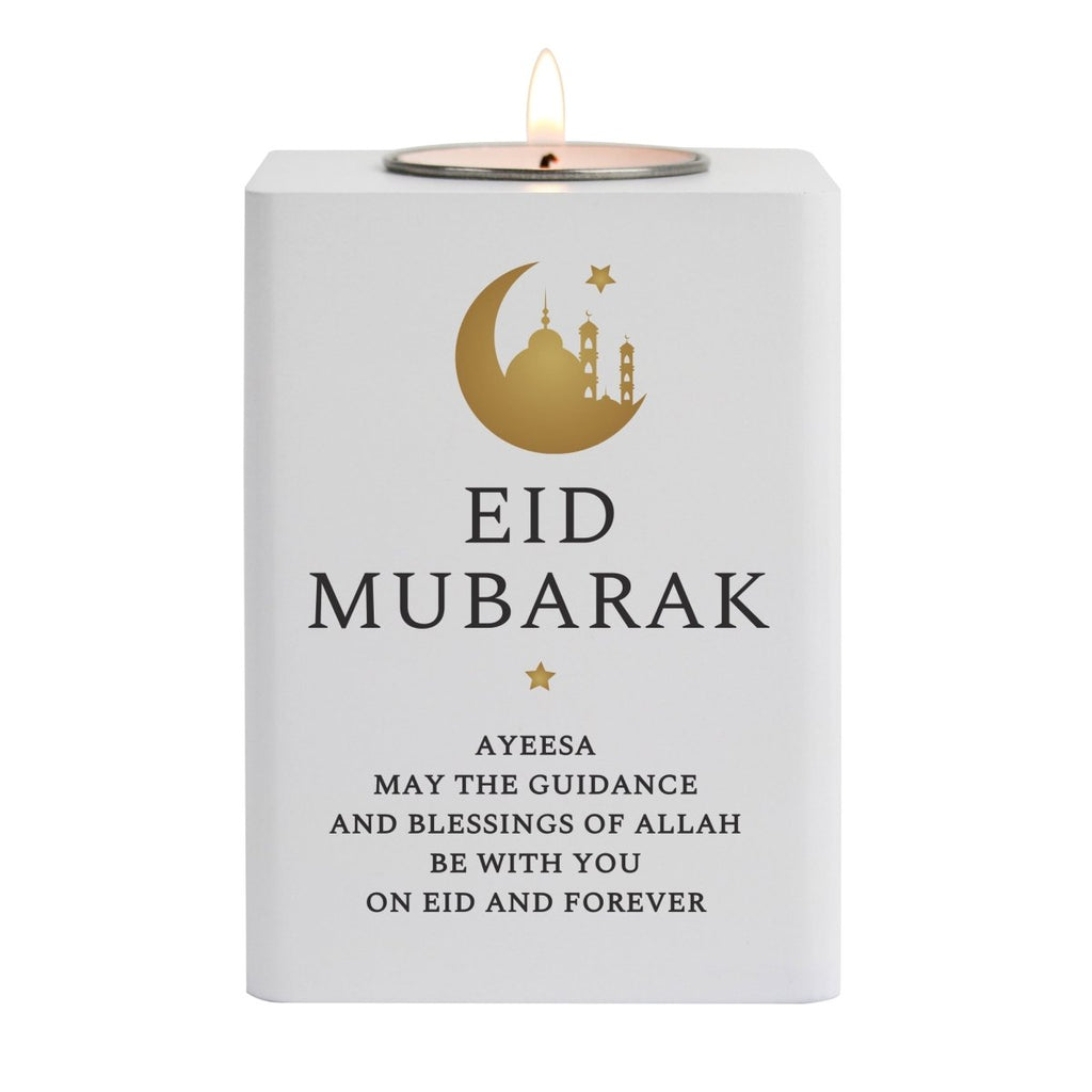Personalised Eid and Ramadan White Wooden Tea light Holder - Engraved Memories