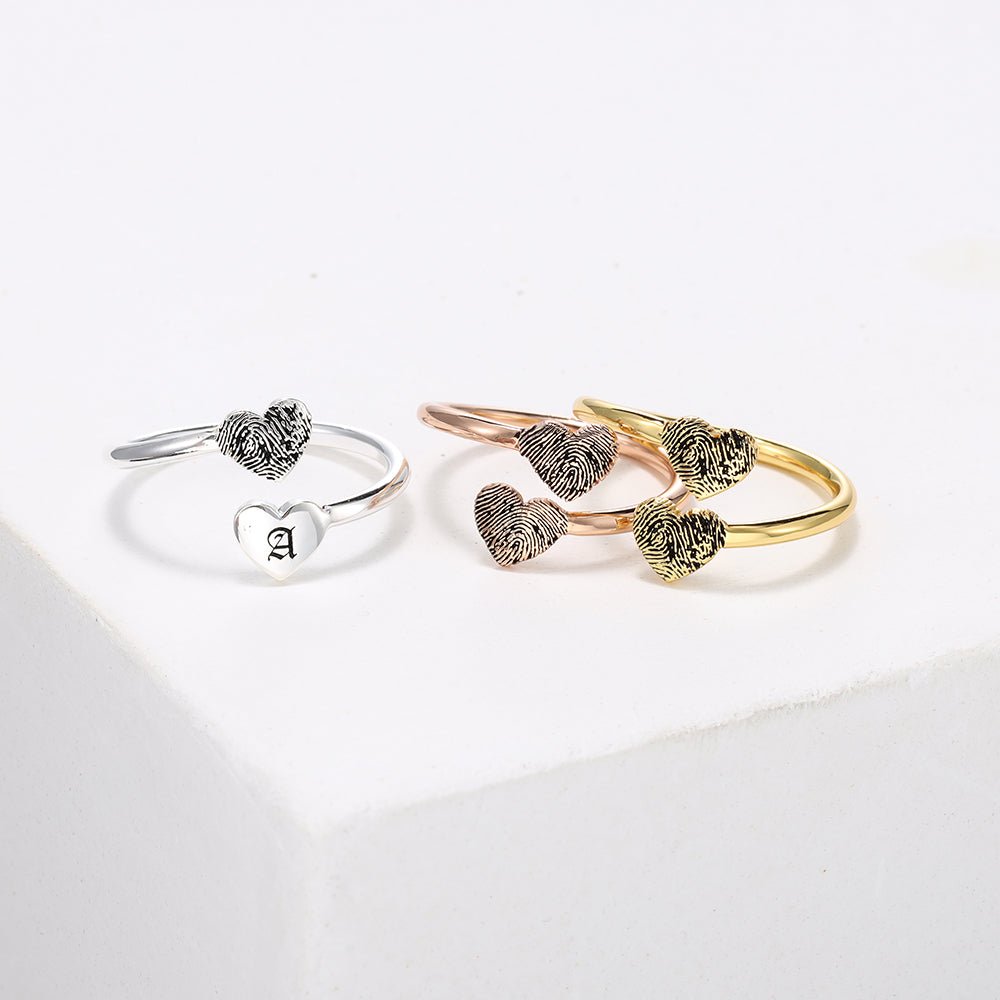 Personalized fingerprint & initials open hearts ring, 925 sterling silver, adjustable, 3.00g.